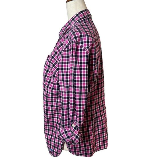 Talbots Pink + Navy Plaid Cotton Long Sleeve  Button Front Blouse Medium - Picture 3 of 8